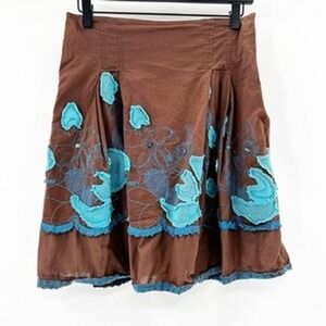 Sweet by Miss Me Brown Floral Applique Pleated Midi Skirt Size M